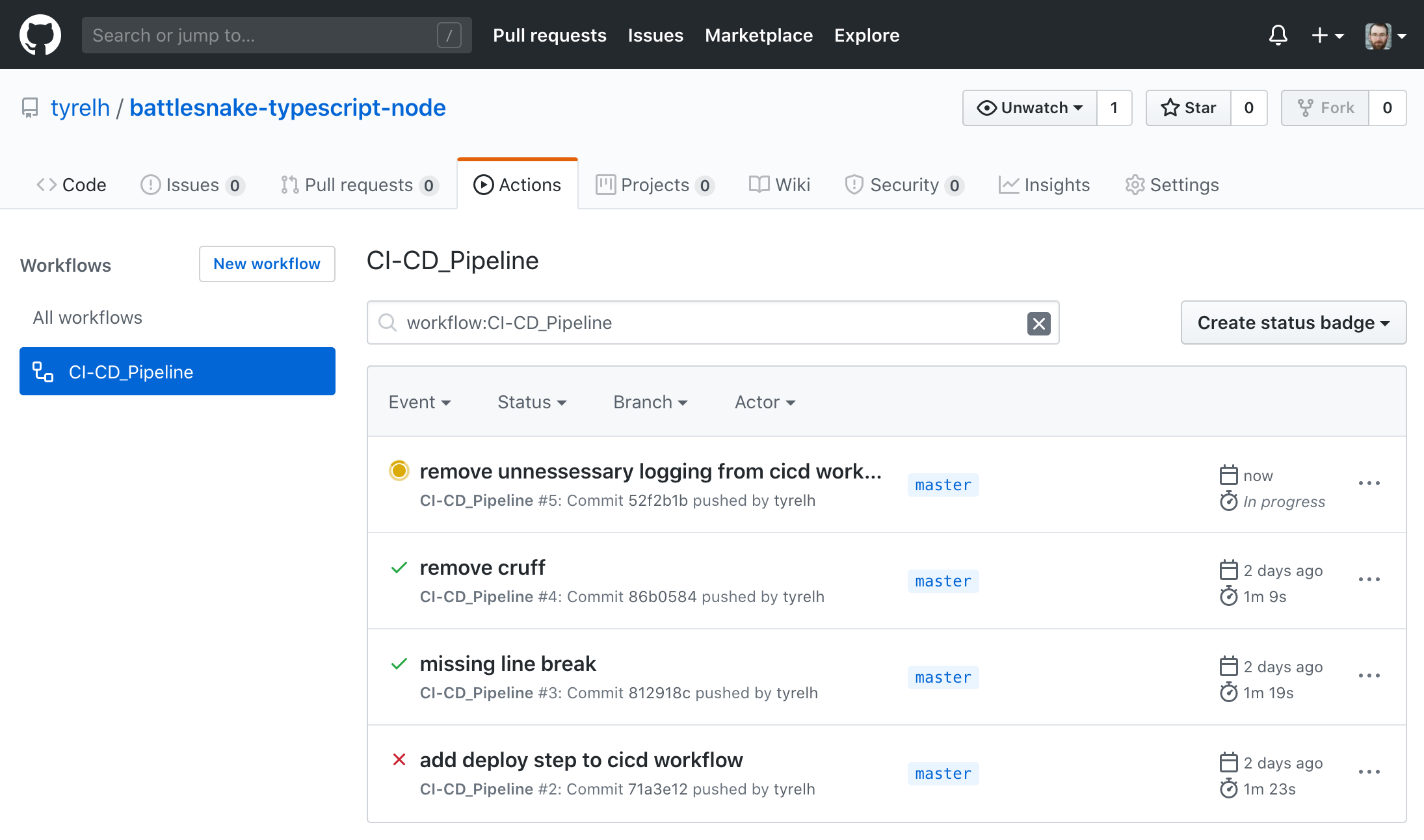 Screenshot of the Github Actions interface showing past executions of workflows