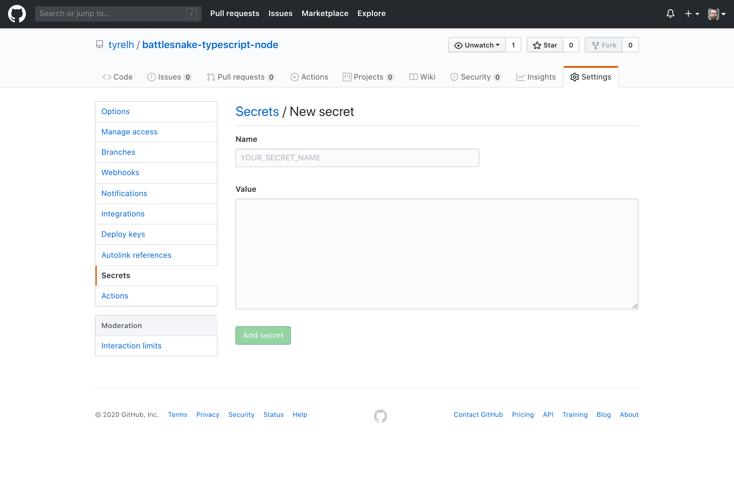 Screenshot of Github showing the secret creation screen with text fields for the secret and the name of the secret